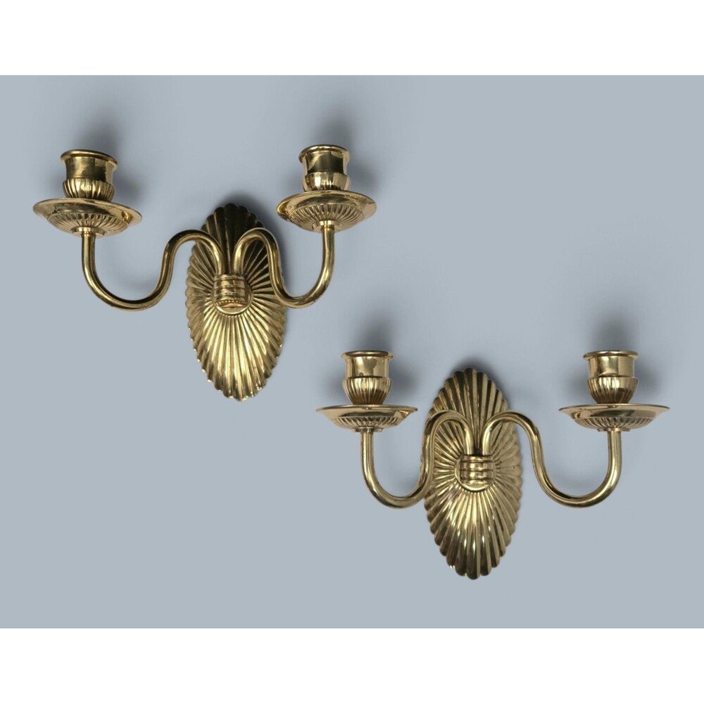 Vintage Solid Brass Double Arm Wall Sconce Candle Holders Pair Fluted Oval India